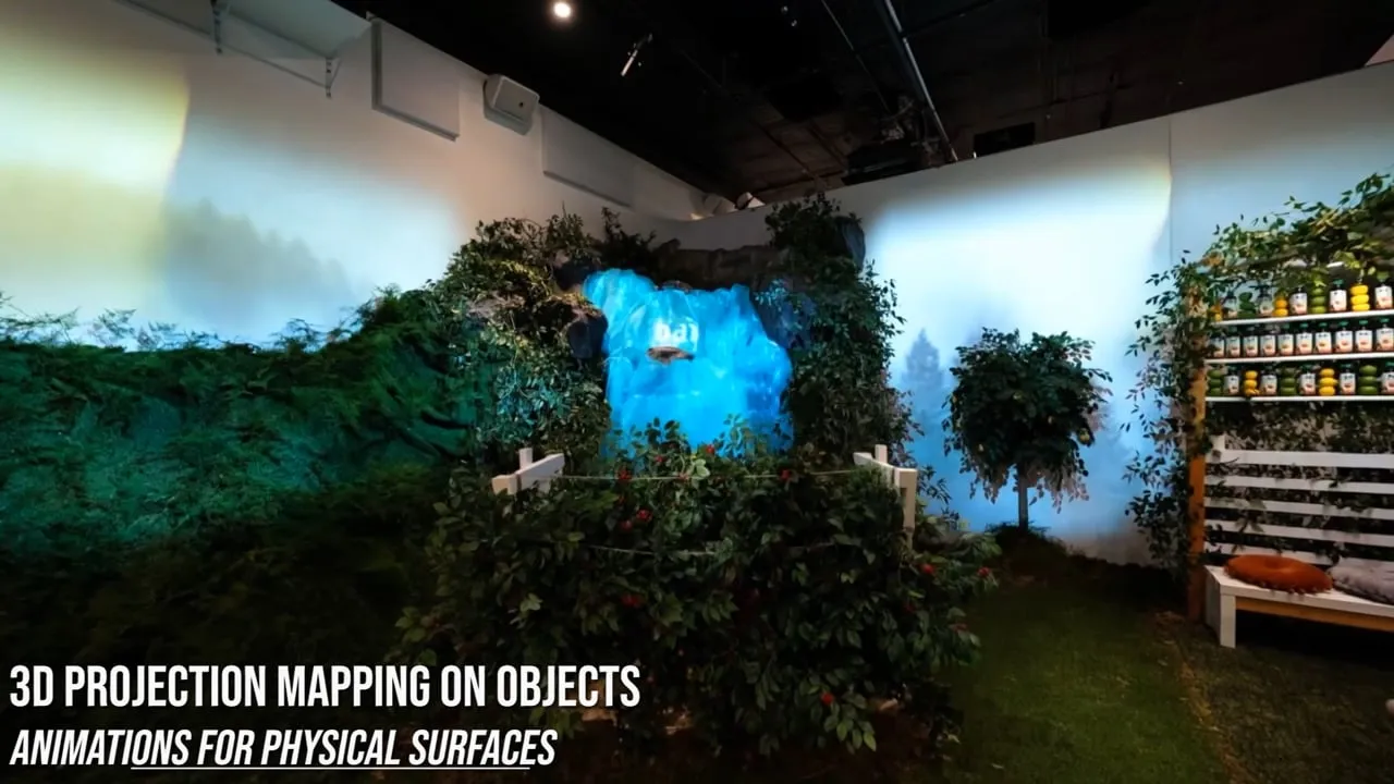 Projection mapped onto a set built as a forest and waterfall